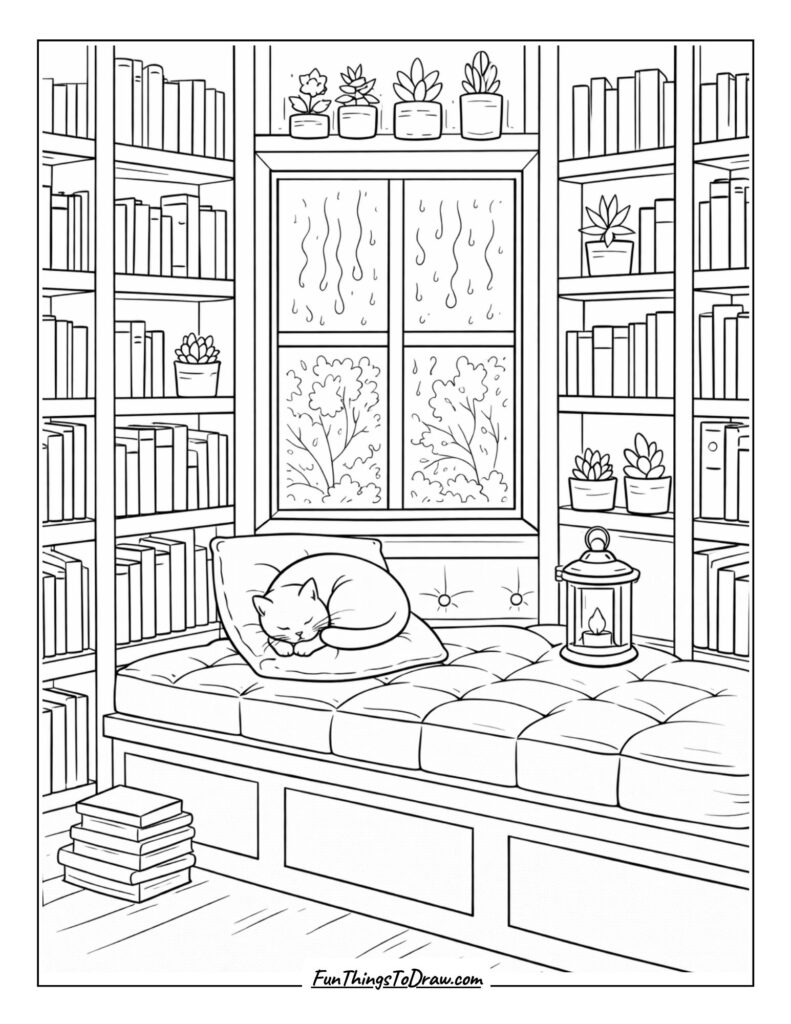 Cozy Library Window Nook coloring page