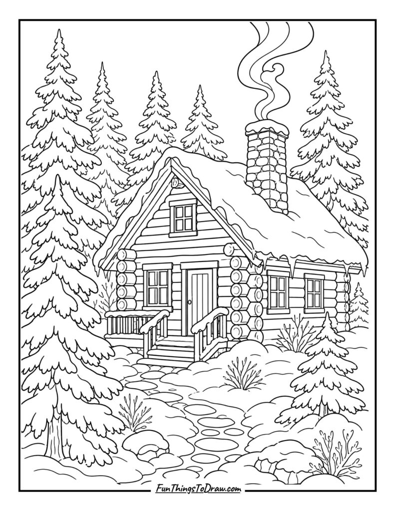 Cozy Winter Retreat coloring page
