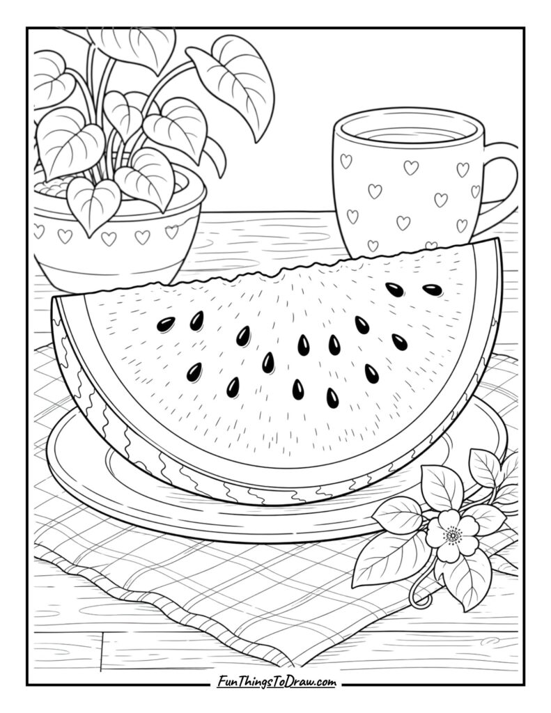 Summer food coloring page of watermelon slice