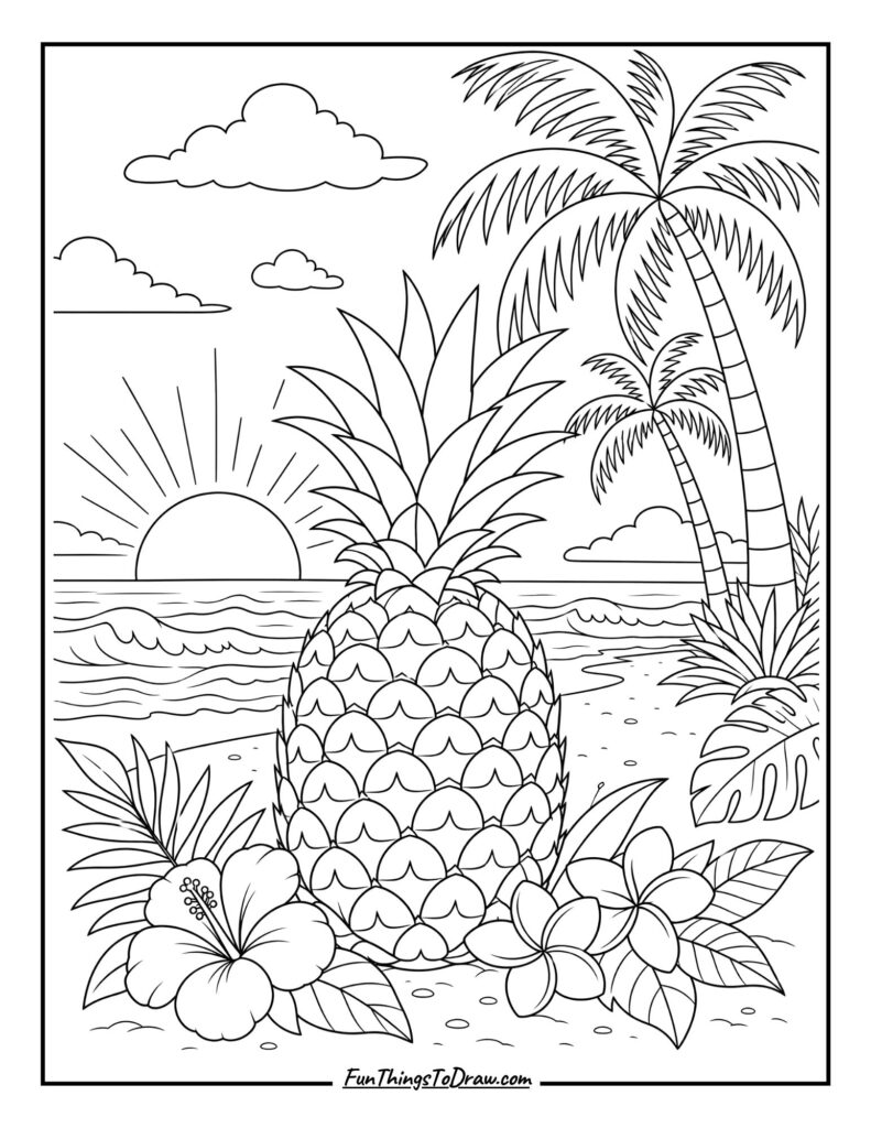 Tropical Sunset Pineapple coloring page