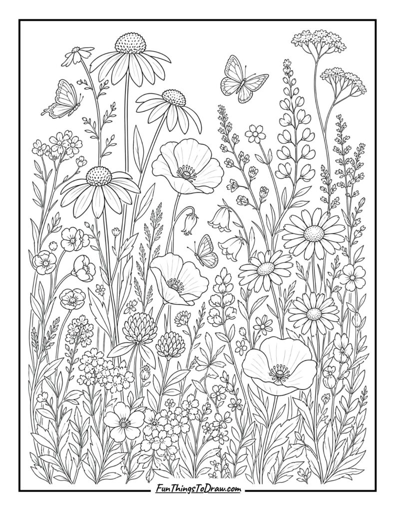 Whimsical Wildflowers coloring page