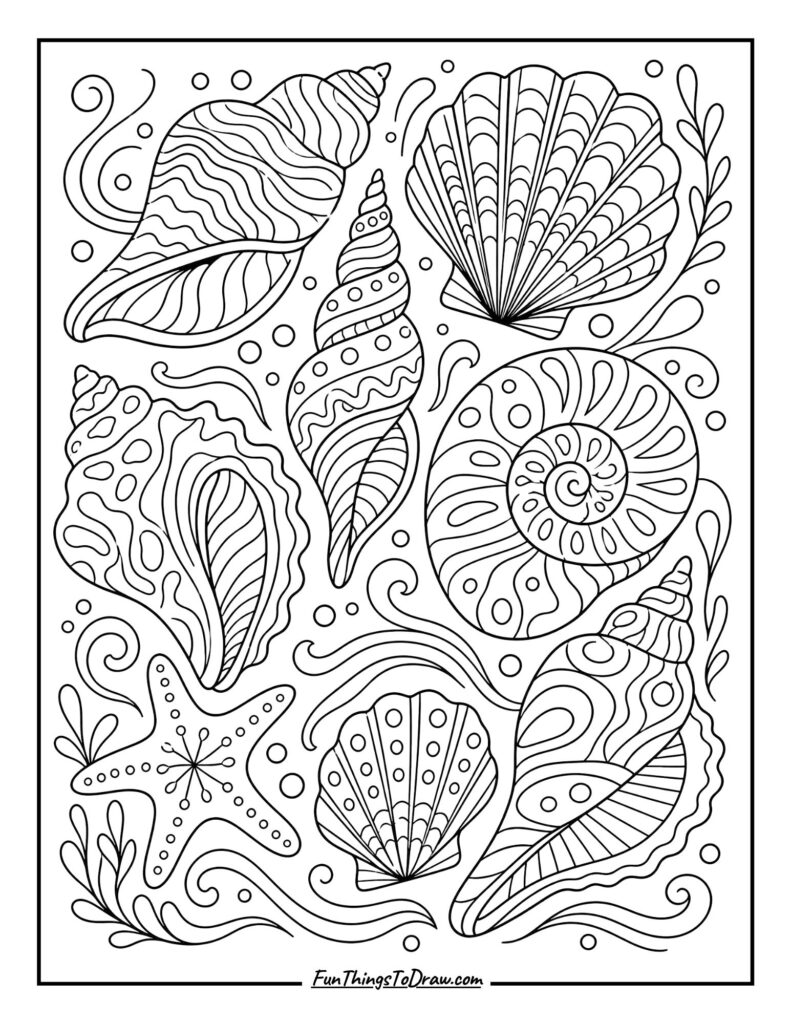 Seashells with Abstract Patterns coloring page