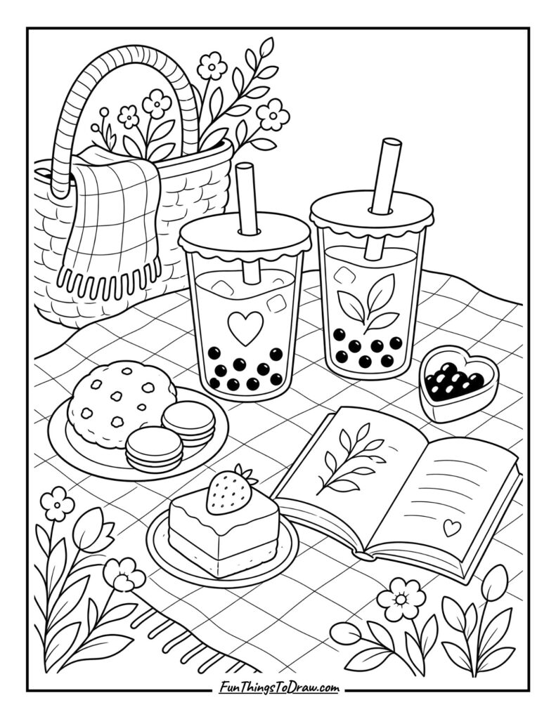 Boba Tea Picnic coloring page