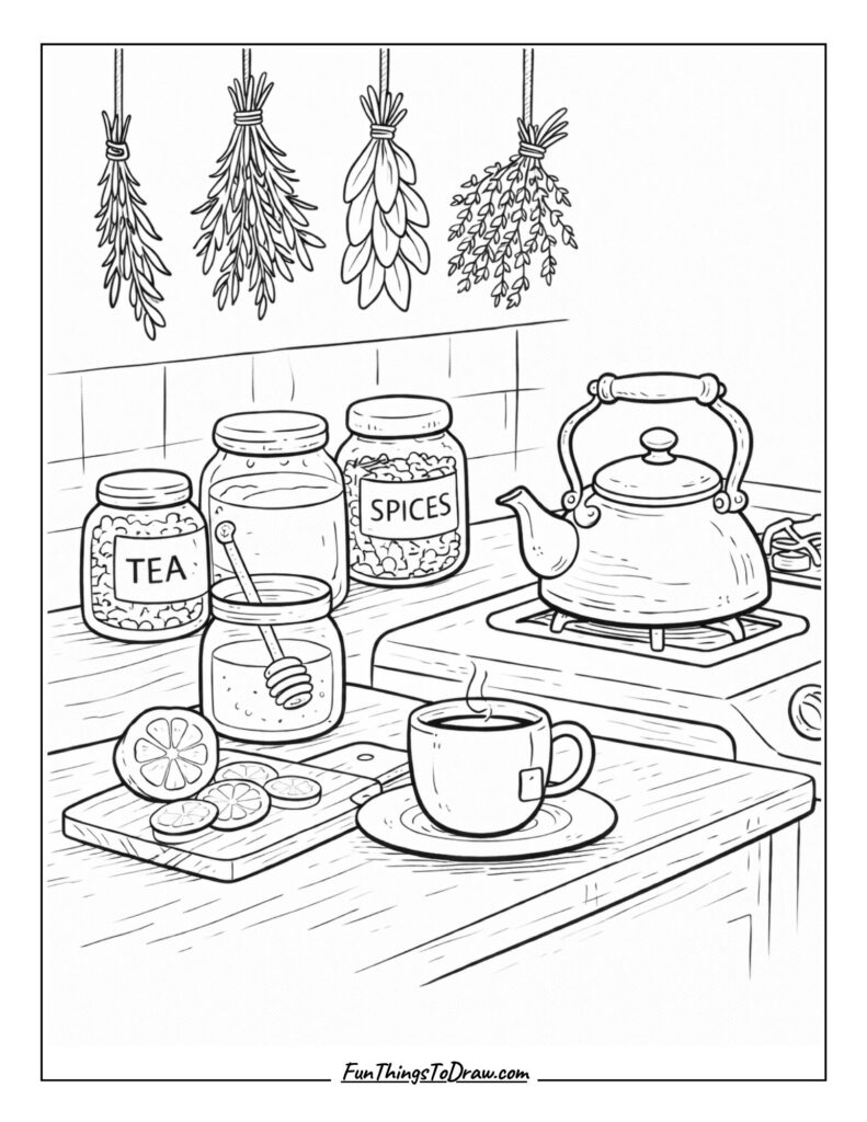 Herbal Tea Kitchen Coloring Page