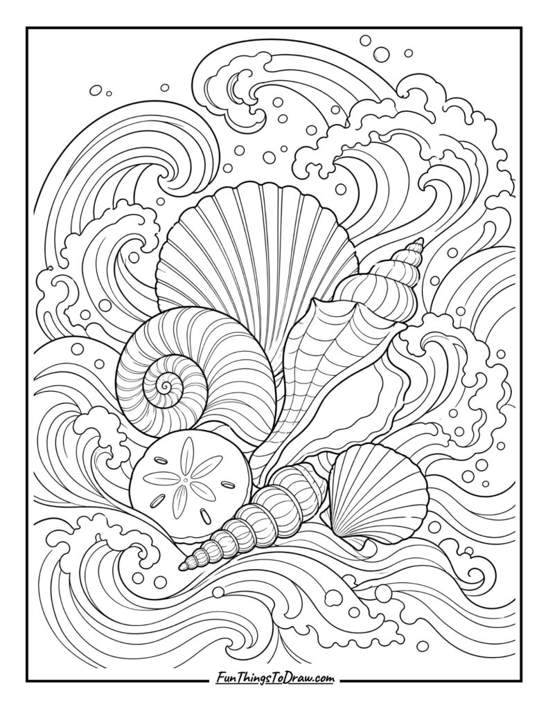 Seashells and Ocean Waves coloring page