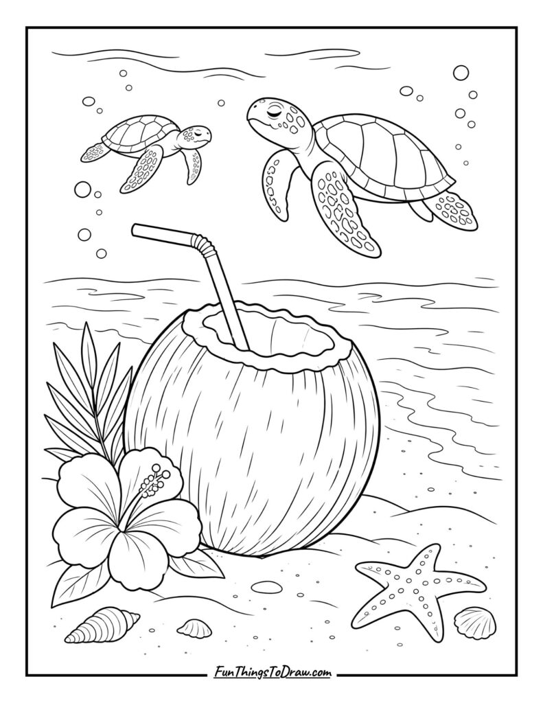 Coconut with Sea Turtles Coloring Page