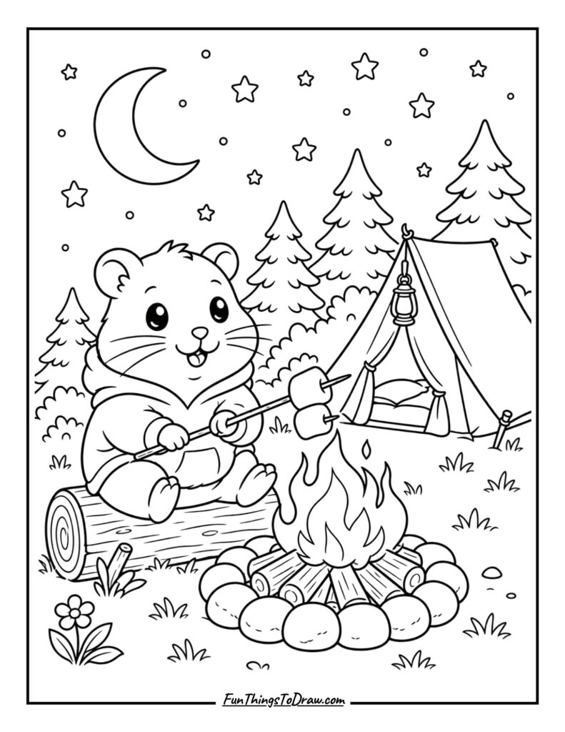 Hamster Camping Under Stars coloring page