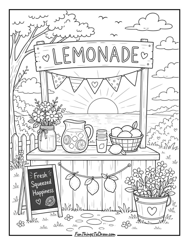 Lemonade Stand at Sunset coloring page