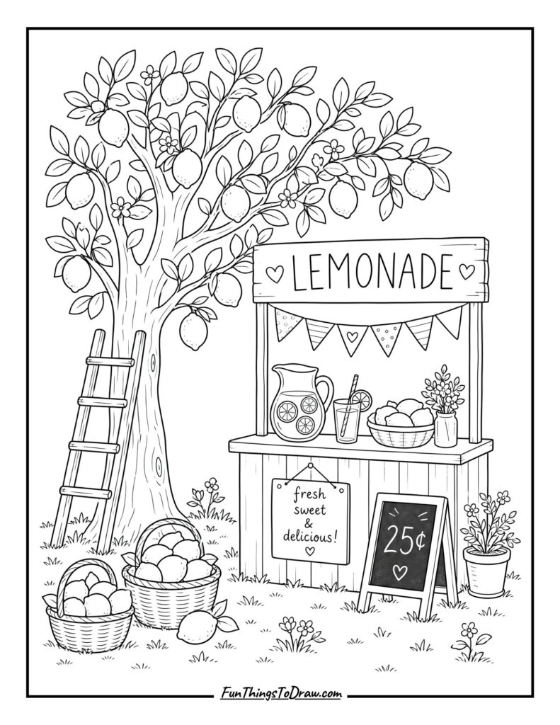 Lemonade Stand with a Lemon Tree coloring page
