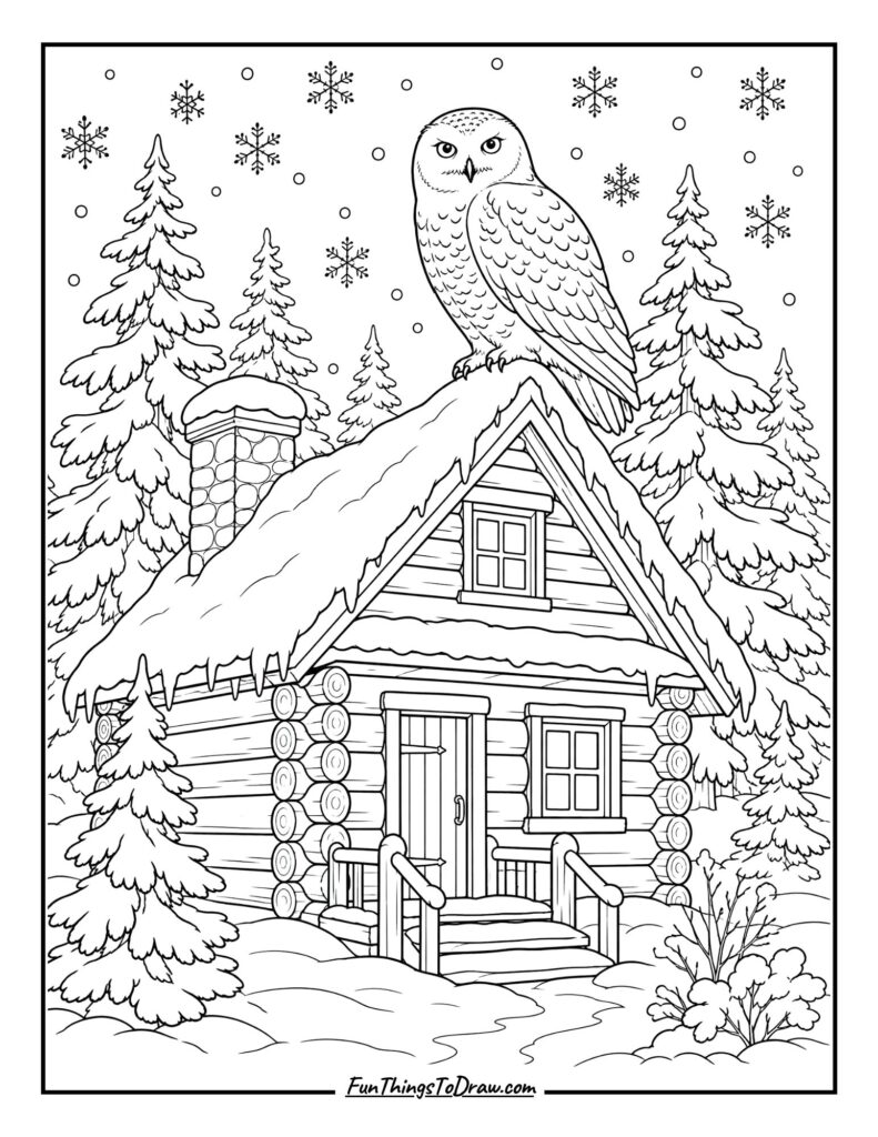 Snowy owl on cabin coloring page