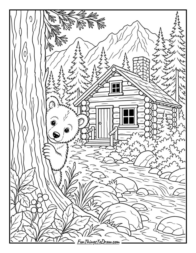 Bear's Den Cabin Coloring Page