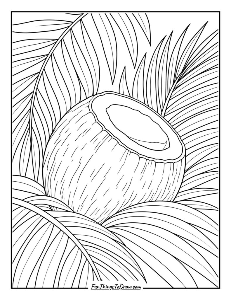 Coconut with Palm Leaves Coloring PAge for adults