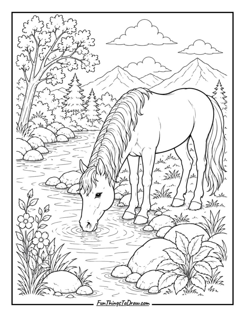 Horse by River coloring page