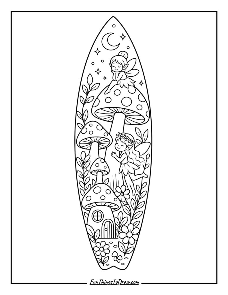 Whimsical Mushroom Forest Design Surfboard Coloring Page