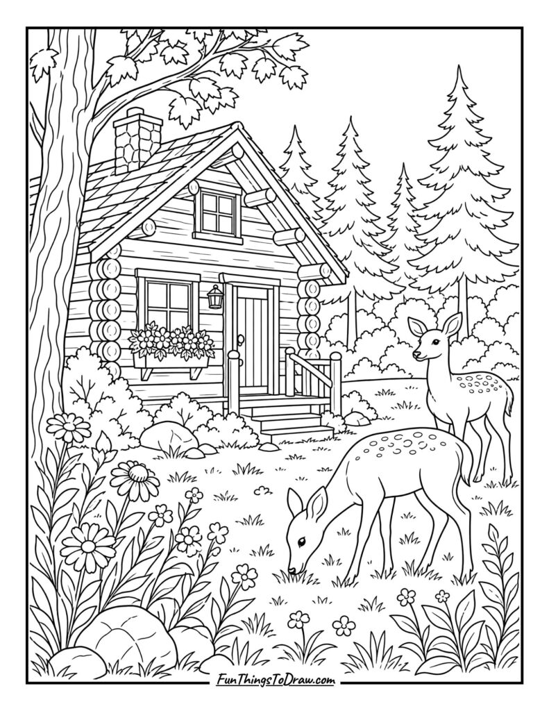 Deer's Meadow Cabin coloring page