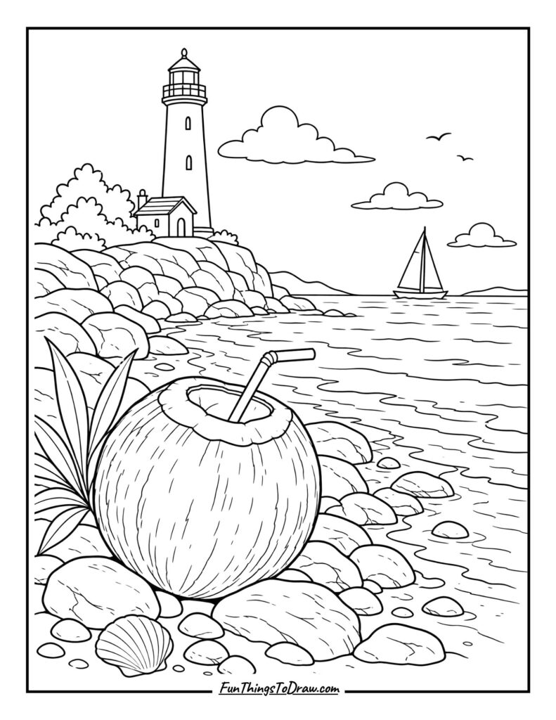 Coconut with Lighthouse Coloring Page