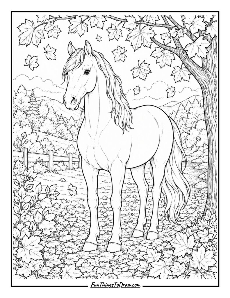 Horse in Autumn coloring page