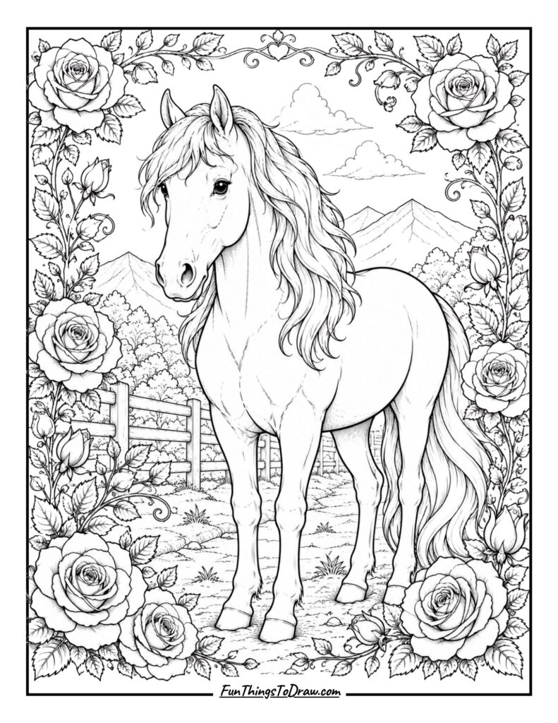 Horse with Roses Coloring Page