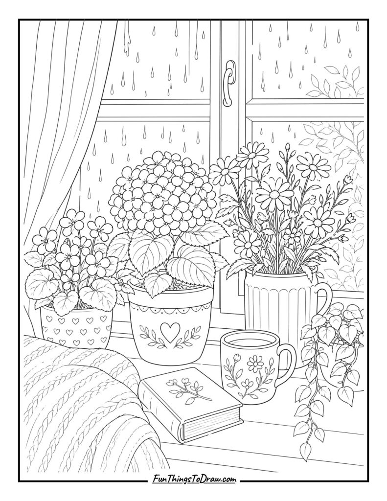 Rainy Day Window Flowers coloring page
