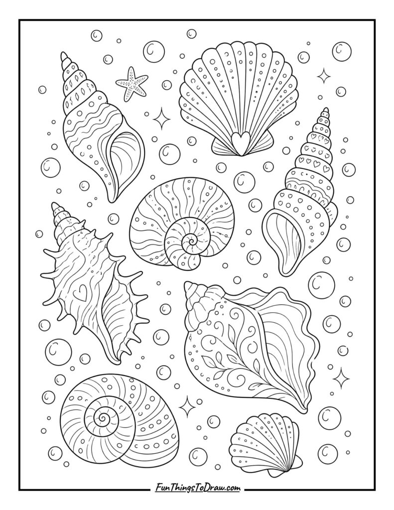 Seashells and Bubbles coloring page