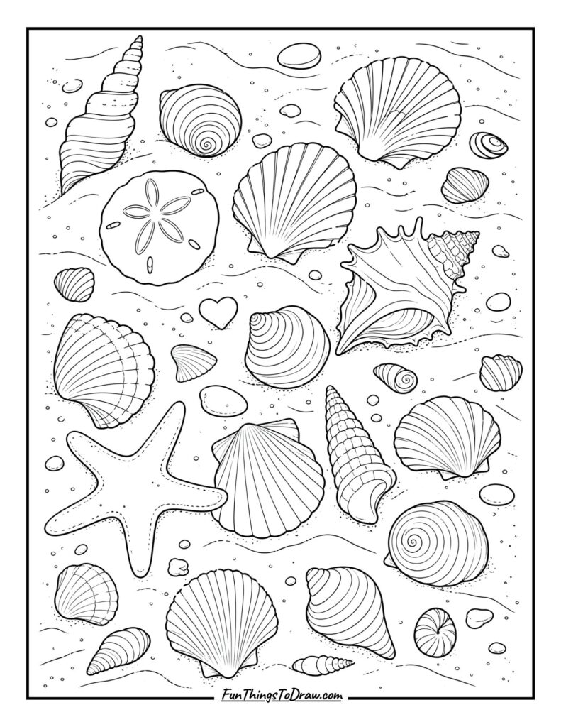 Seashells on a Sandy Beach coloring page