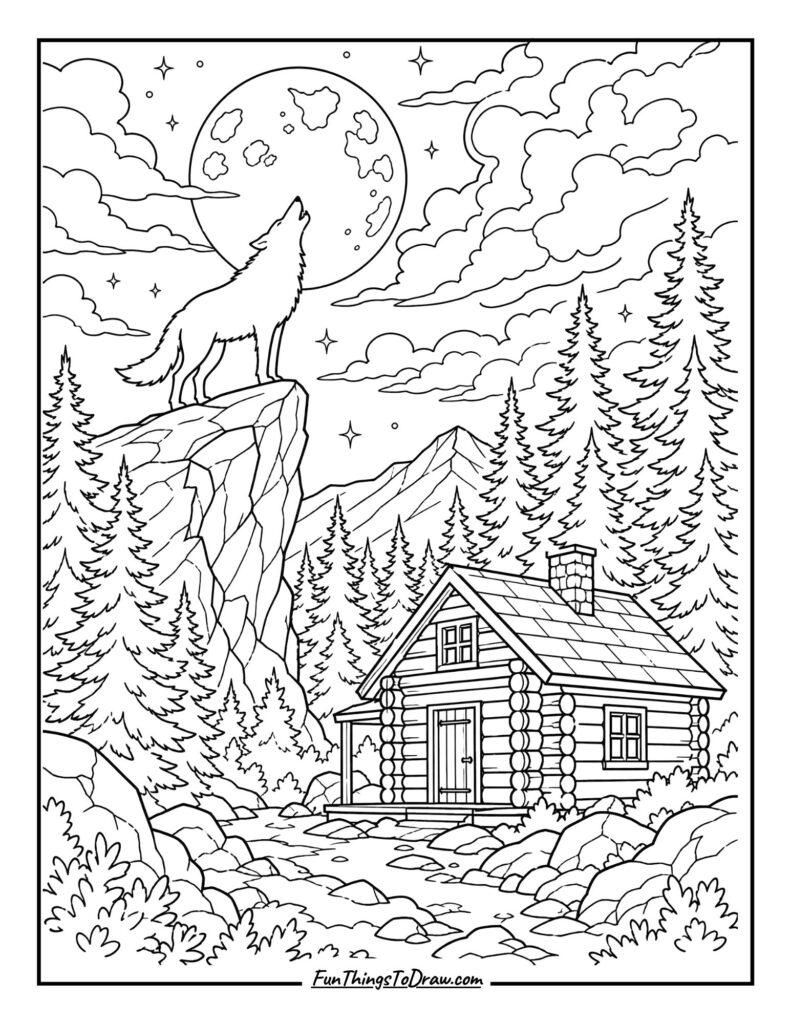 Wolf's Howl Cabin Coloring Page