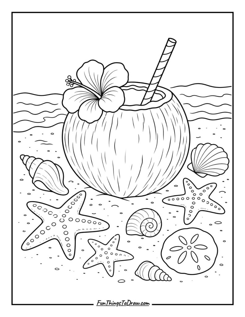 Coconut with Starfish Coloring Page