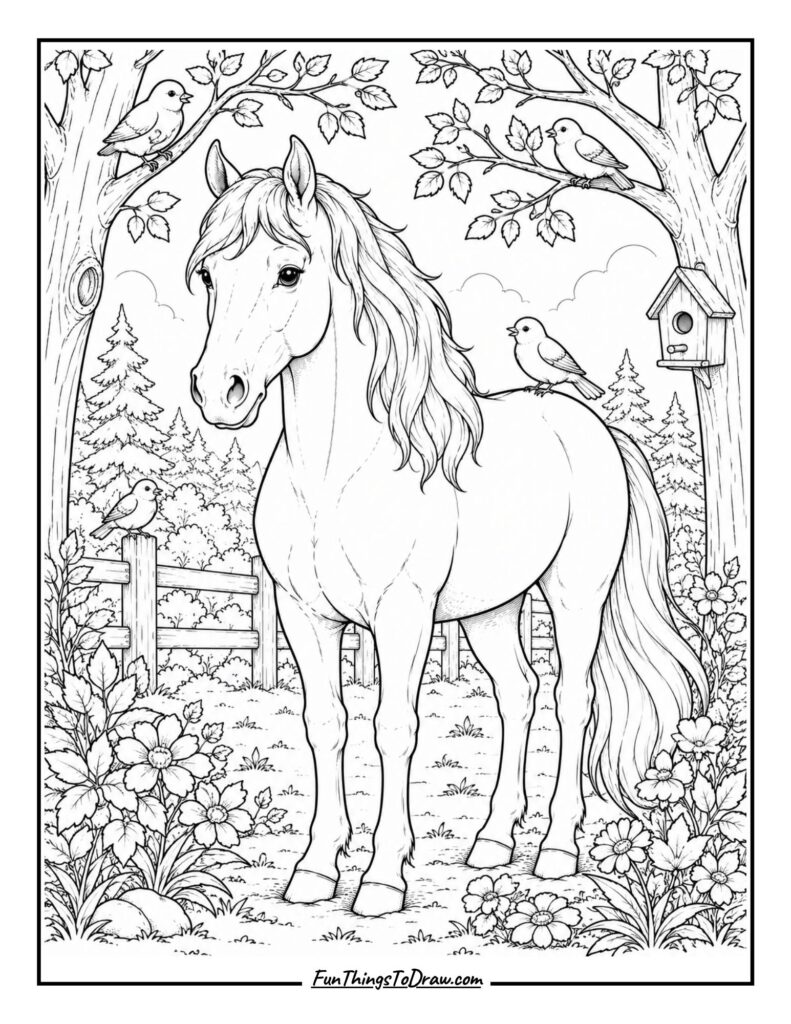 Horse and Birds coloring page