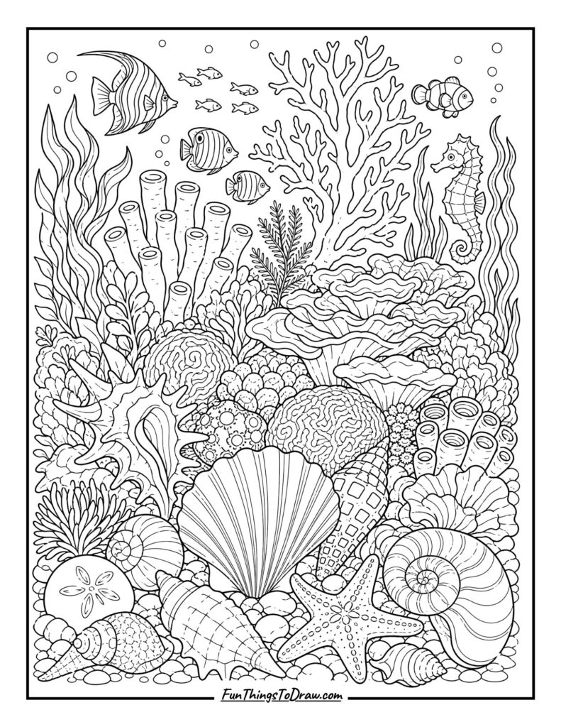 Seashells and Coral Reef coloring page