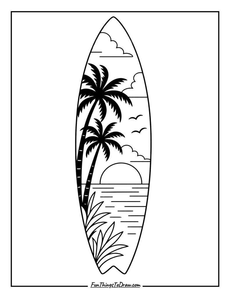 Tropical Sunset Serenity Surfboard Coloring Page