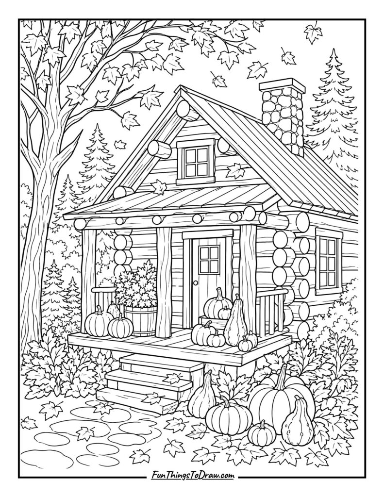 Autumn Harvest Cabin Coloring Page