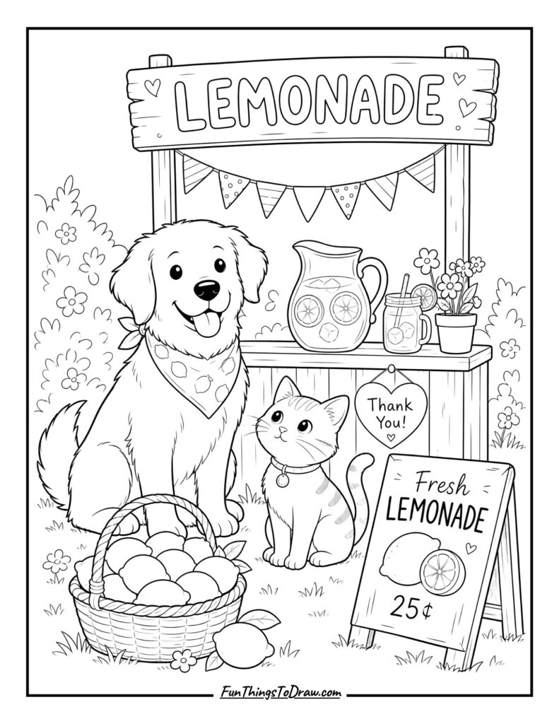 Lemonade Stand with Pets coloring page