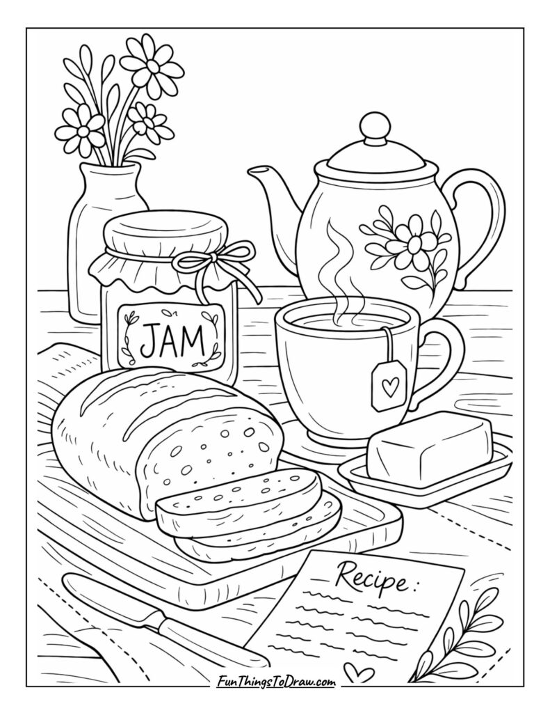 Tea and Homemade Bread coloring page