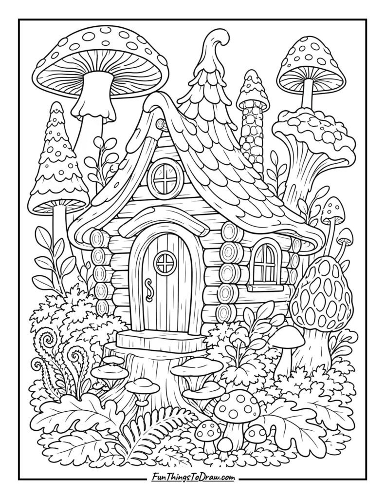 Mushroom Forest Cabin Coloring Page