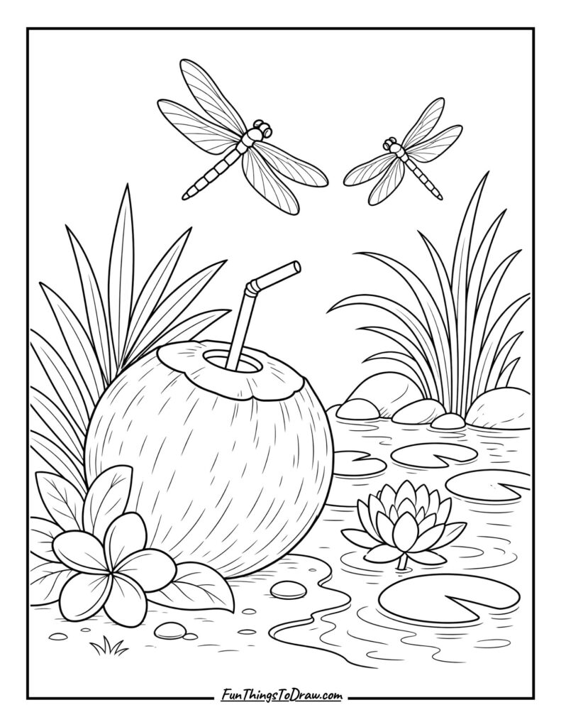 Coconut with Dragonflies coloring page