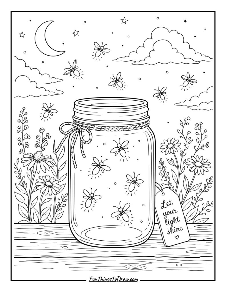 Mason Jar Fireflies coloring page