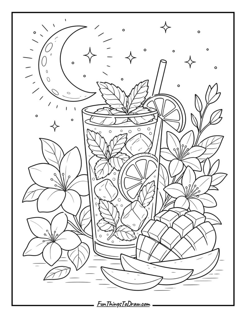 Moonlit Mango Mojito (tropical fruit drink) coloring page