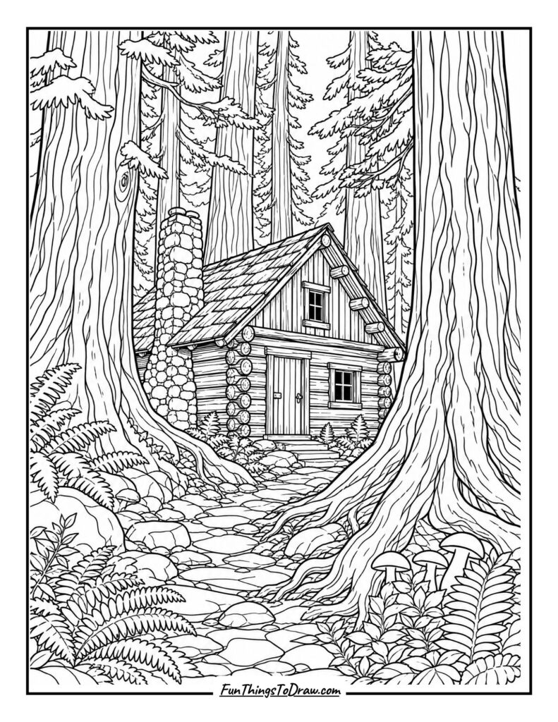 Old Growth Forest Cabin Coloring Page
