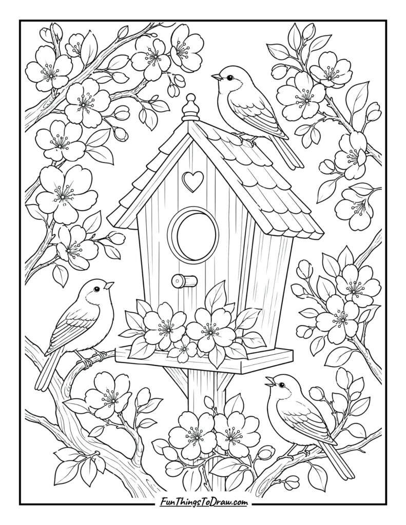 Birdhouse and Blossoms coloring page