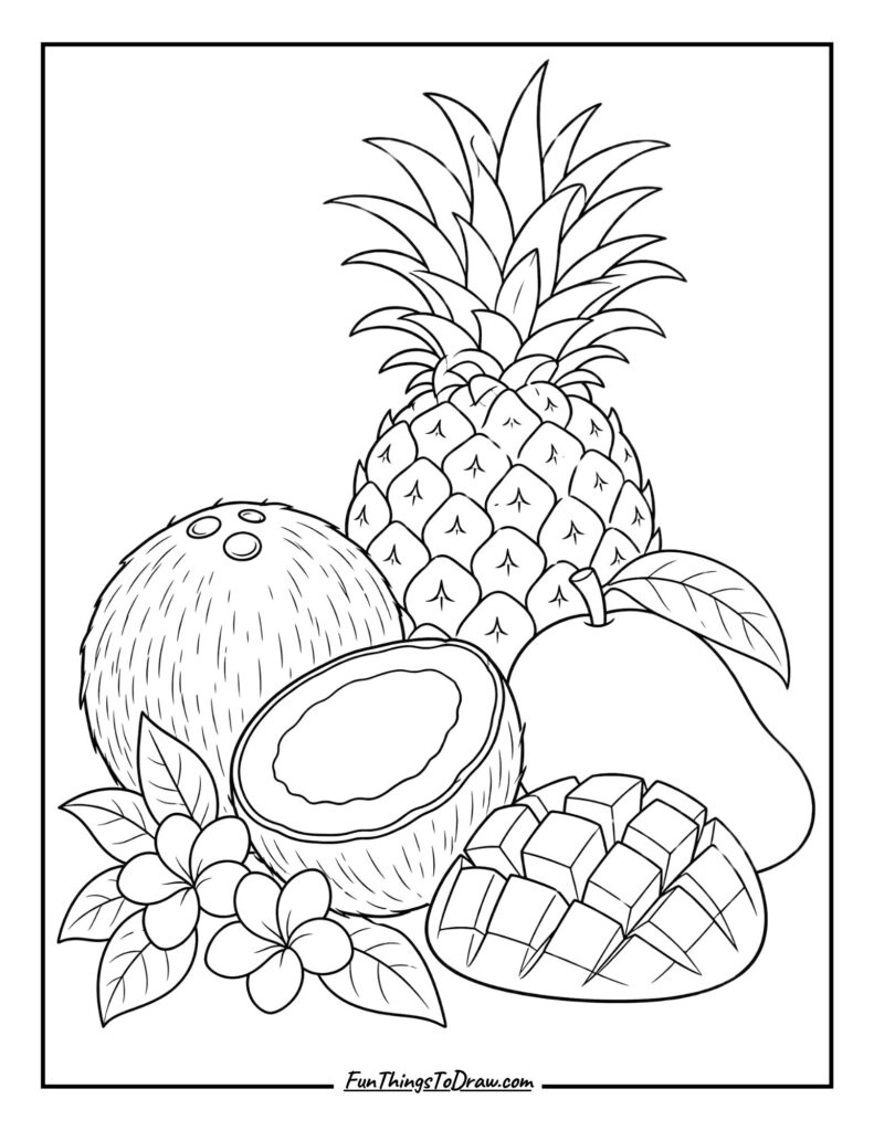Coconut with Tropical Fruits Coloring Page
