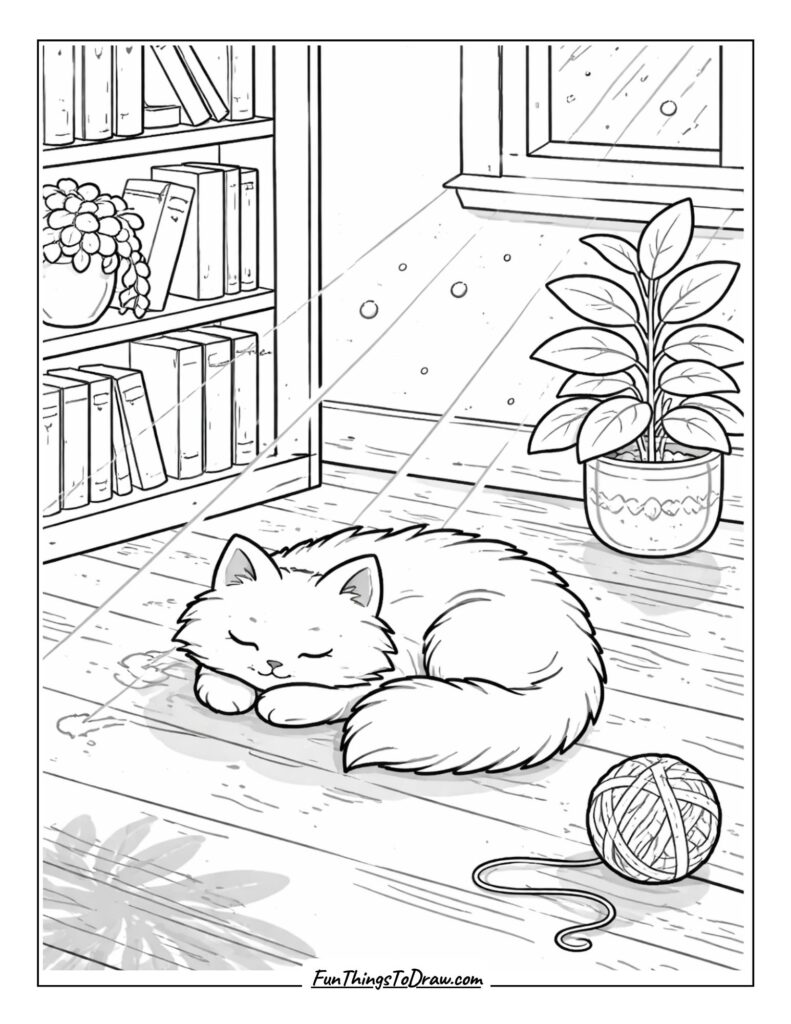 Sleepy Cat by the Bookshelf