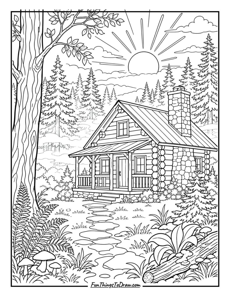 Sunrise Over the Log Cabin Coloring Page