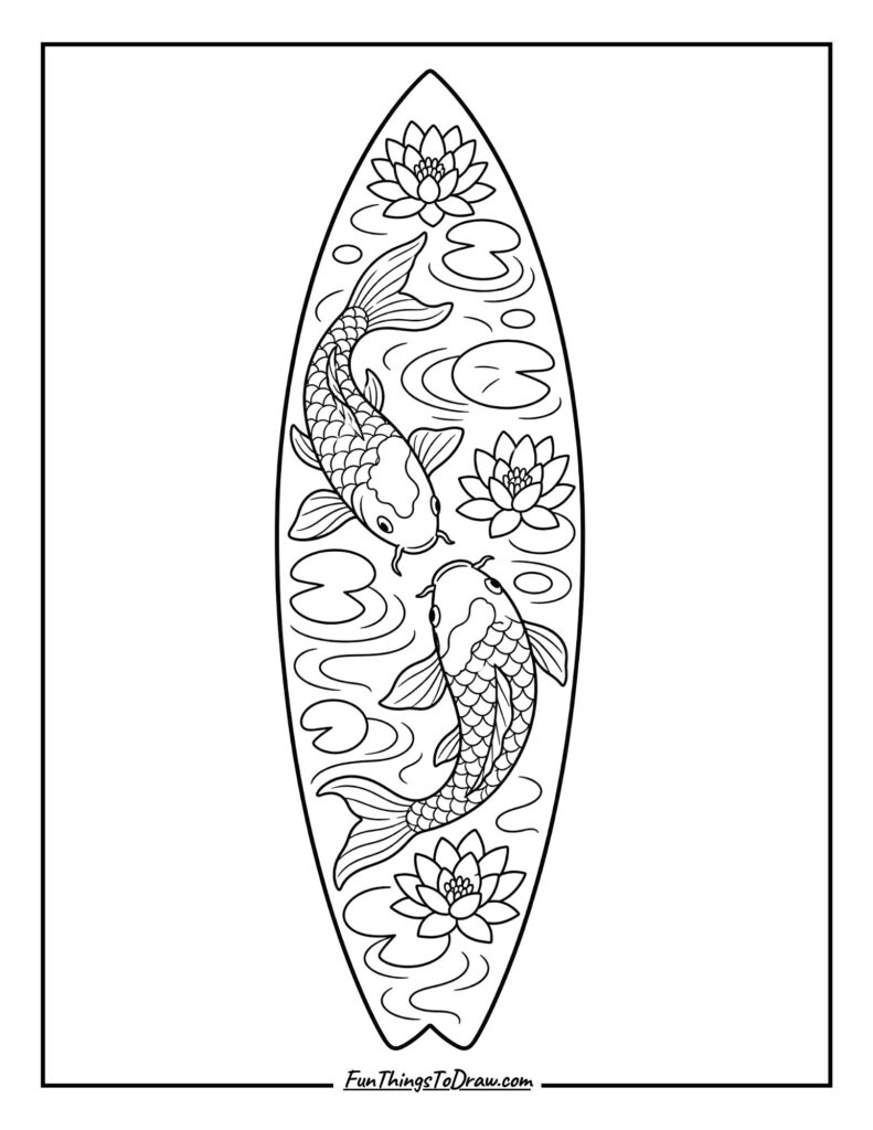 Japanese Koi Pond Design Surfboard Coloring Page
