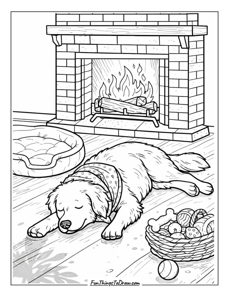 Cozy Fireside Pup Coloring Page