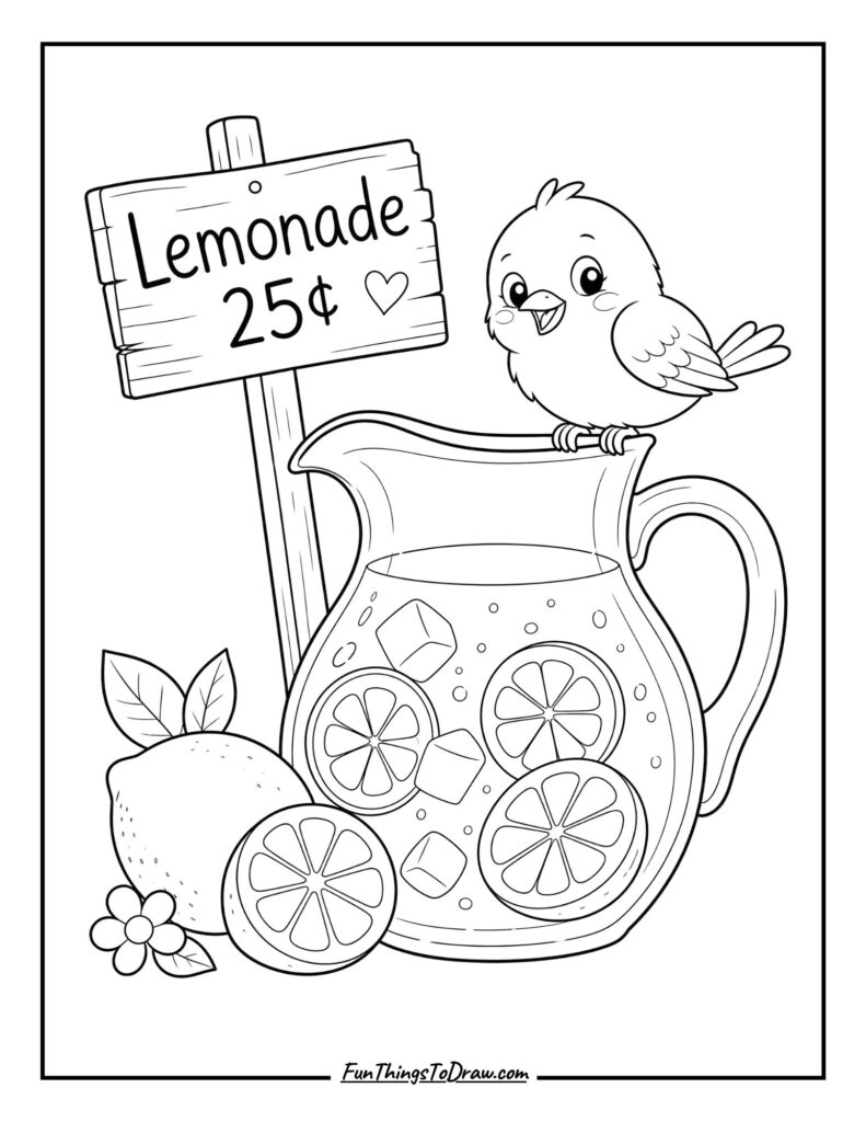 A bird sitting on lemonade judge coloring page
