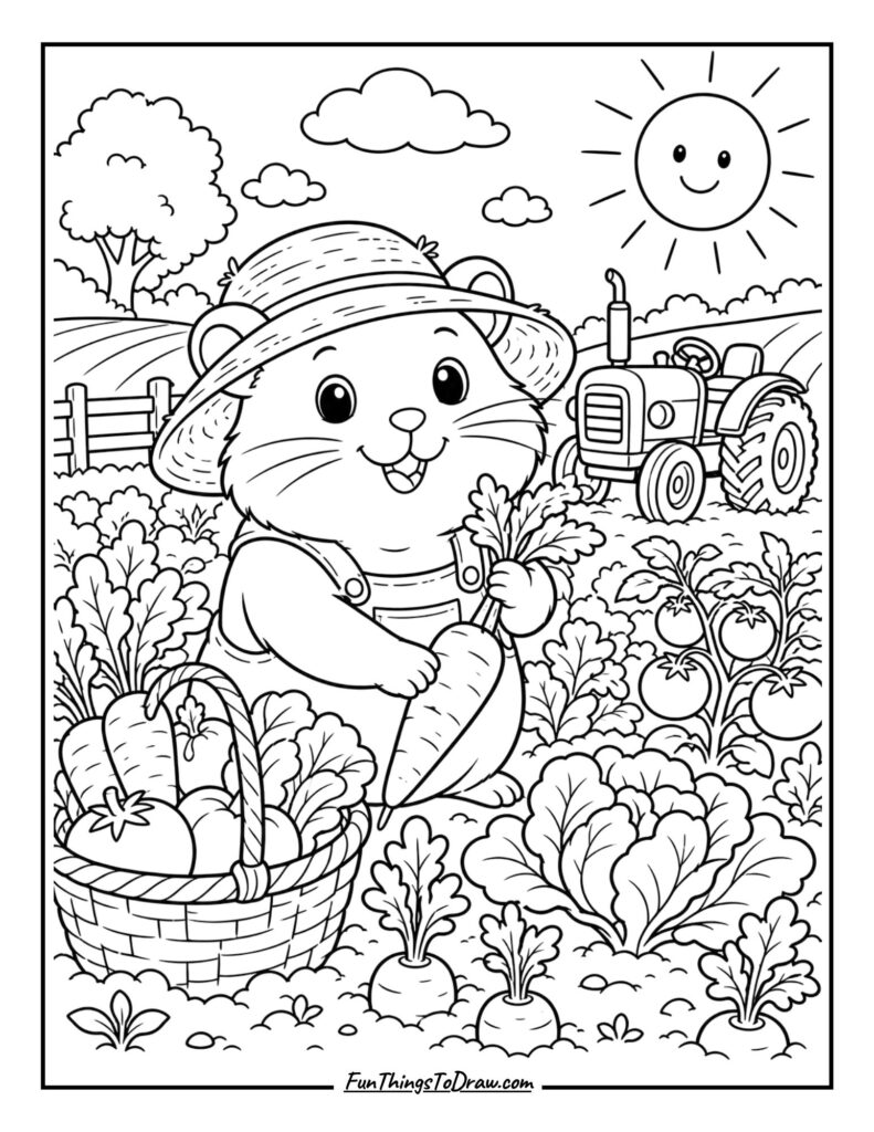 Hamster Farmer Harvesting Crops coloring page