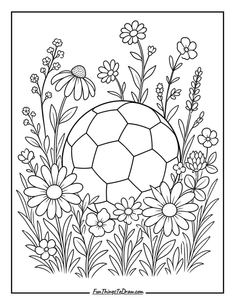 Soccer Ball and Flowers coloring page