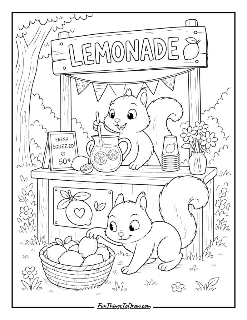 A Squirrel on Lemonade Stand Coloring Page