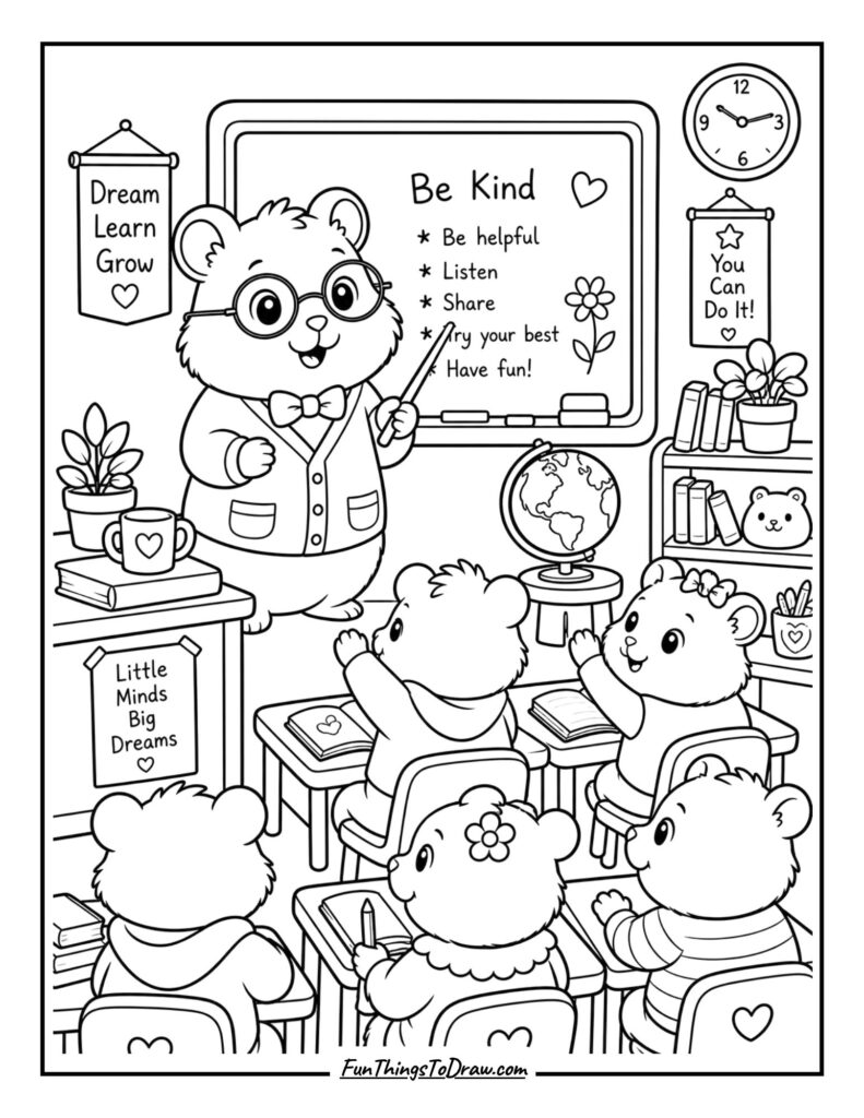 Hamster Teacher in a Classroom coloring page