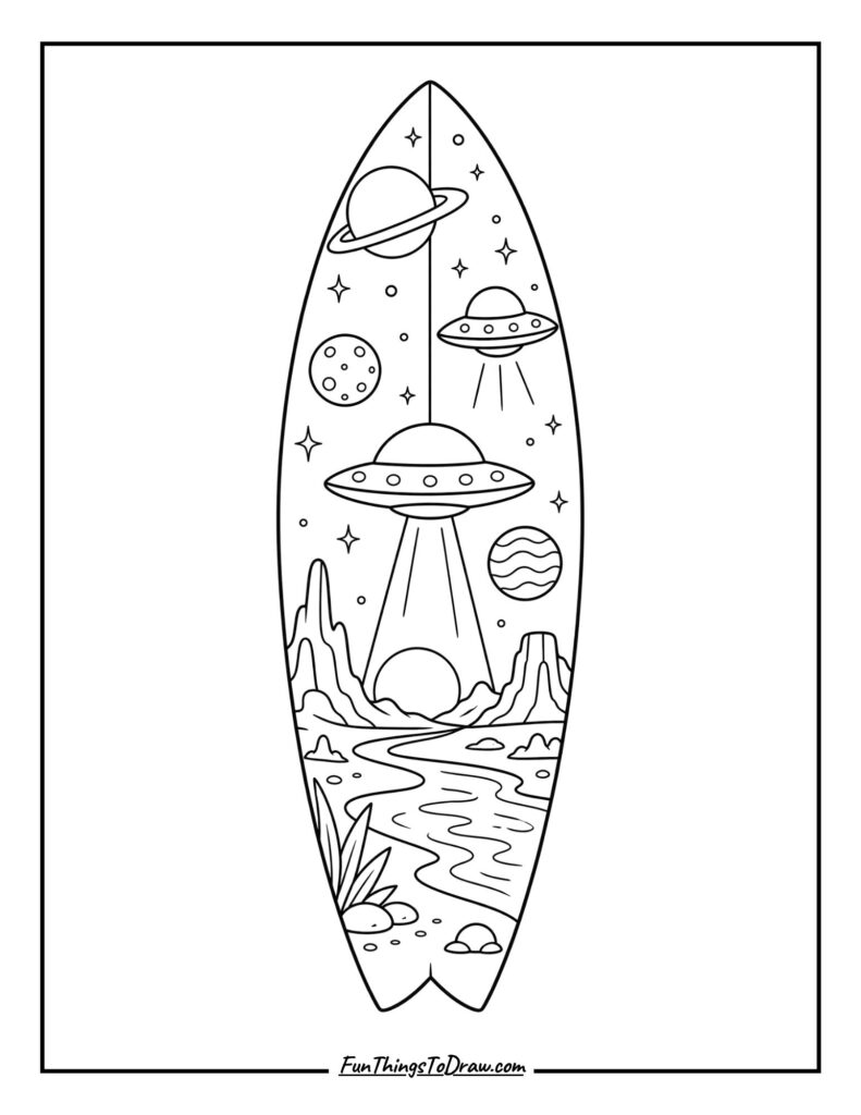 Retro Sci-Fi Landscape Surfboard Design Coloring Sheet